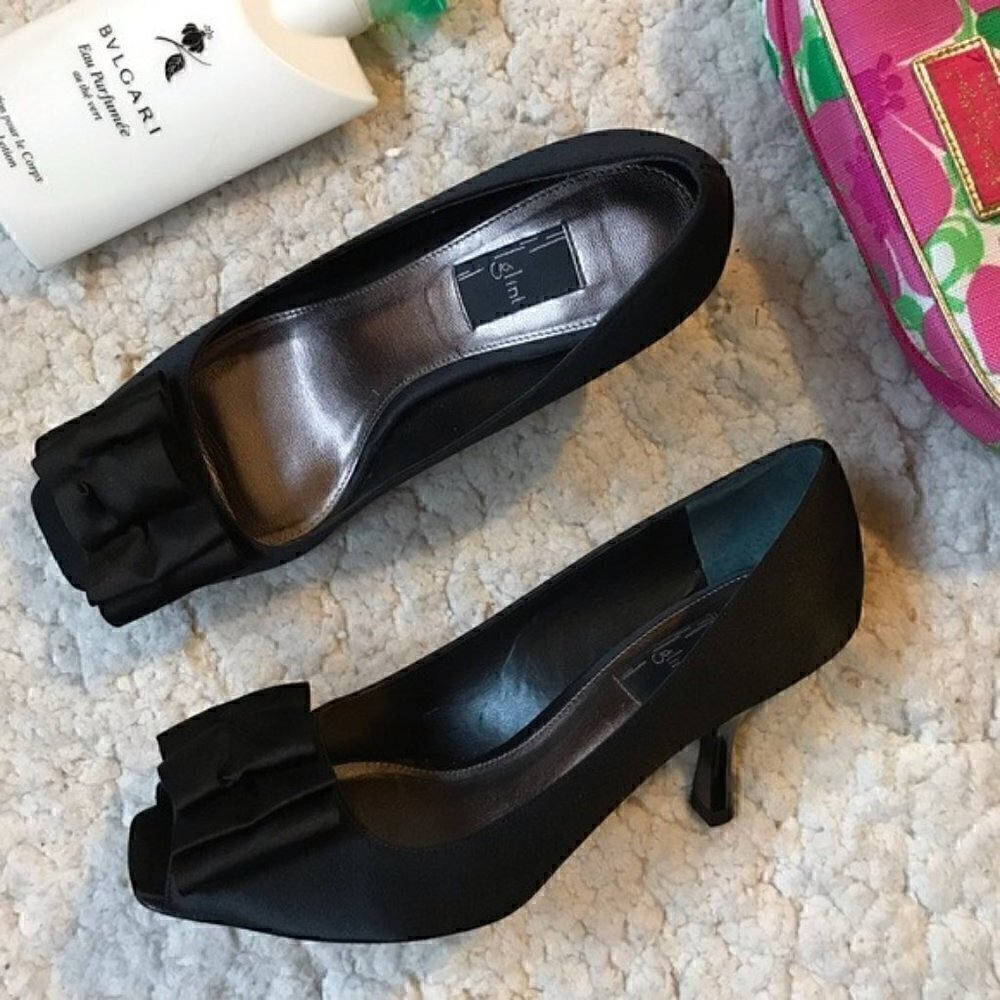 GLINT: 3" Black Satin Bow Peep Toe Heels